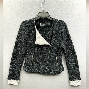 BNCI by Blanc Noir Short Tweed Jacket Sz M Asymmetric Drape Cropped Black White